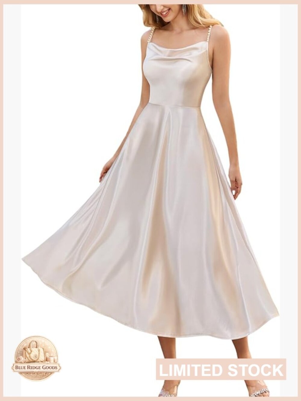 Satin Pearl Slip Dress Cowl Neck Backless Midi Adjustable Straps Wedding Guest